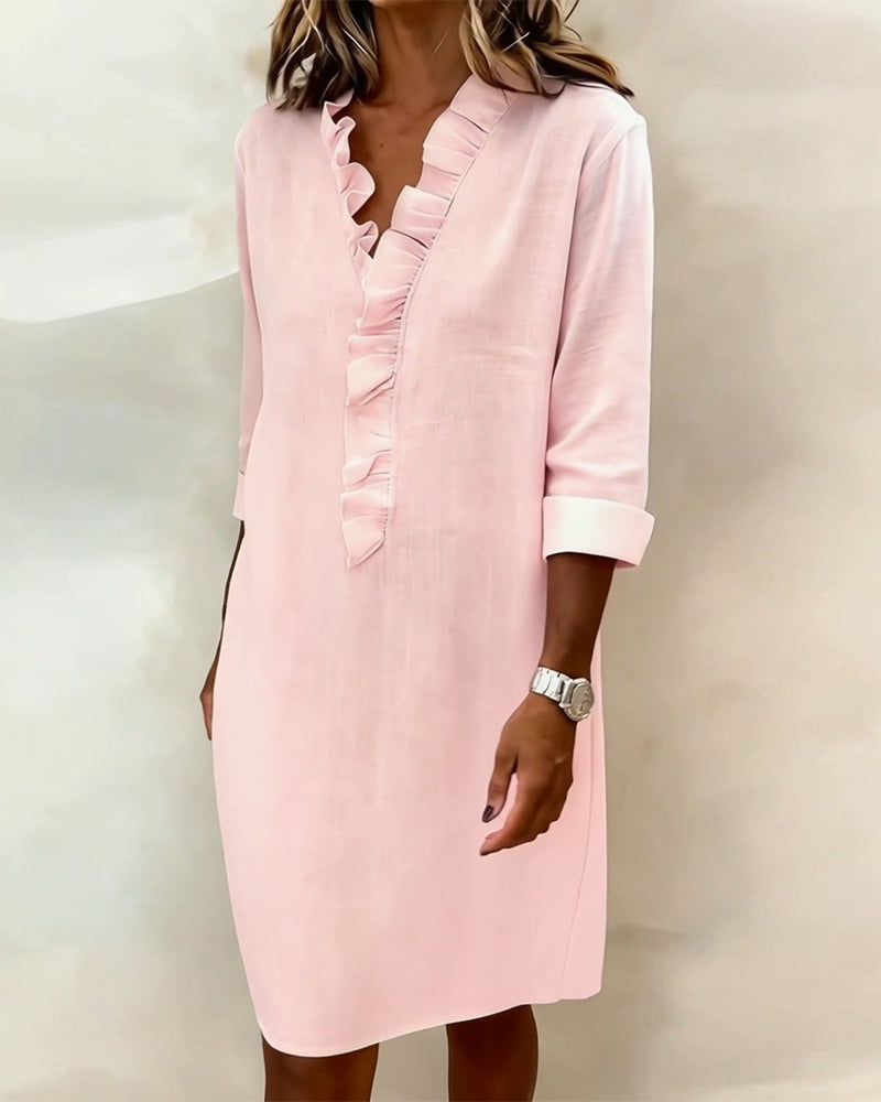 Ida | Women's V-Neck Ruffle Dress with Long Sleeve – Casual Daytime Wear