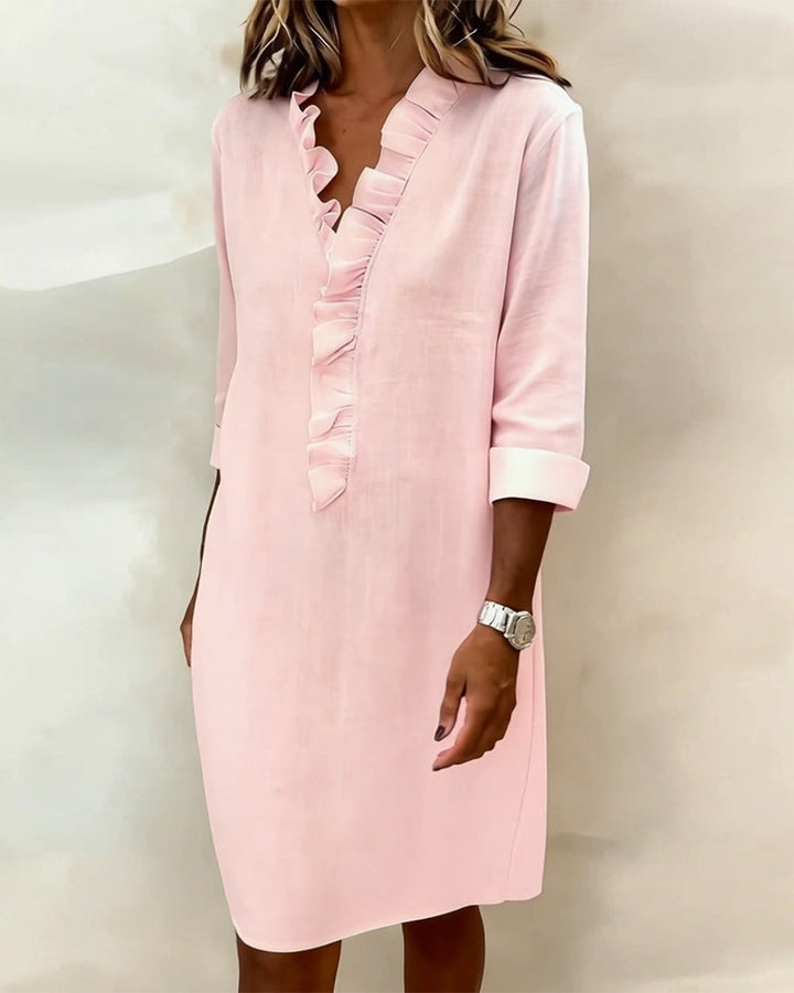 Ida | Women's V-Neck Ruffle Dress with Long Sleeve – Casual Daytime Wear