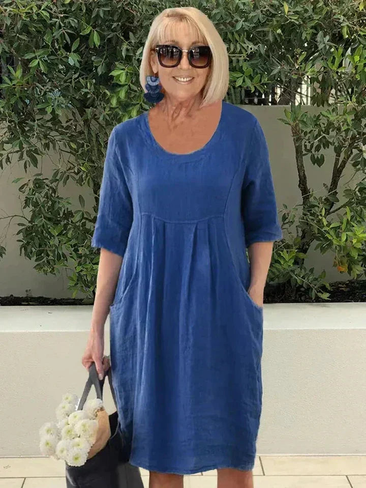 Nadalyra | Oversized Midi Dress with Side Pockets and Round Neck for Women