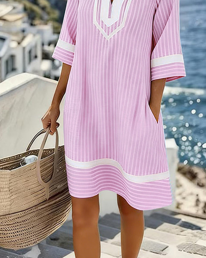 Yvette | Striped V-Neck Shift Dress with Short Sleeves and Pockets for Women