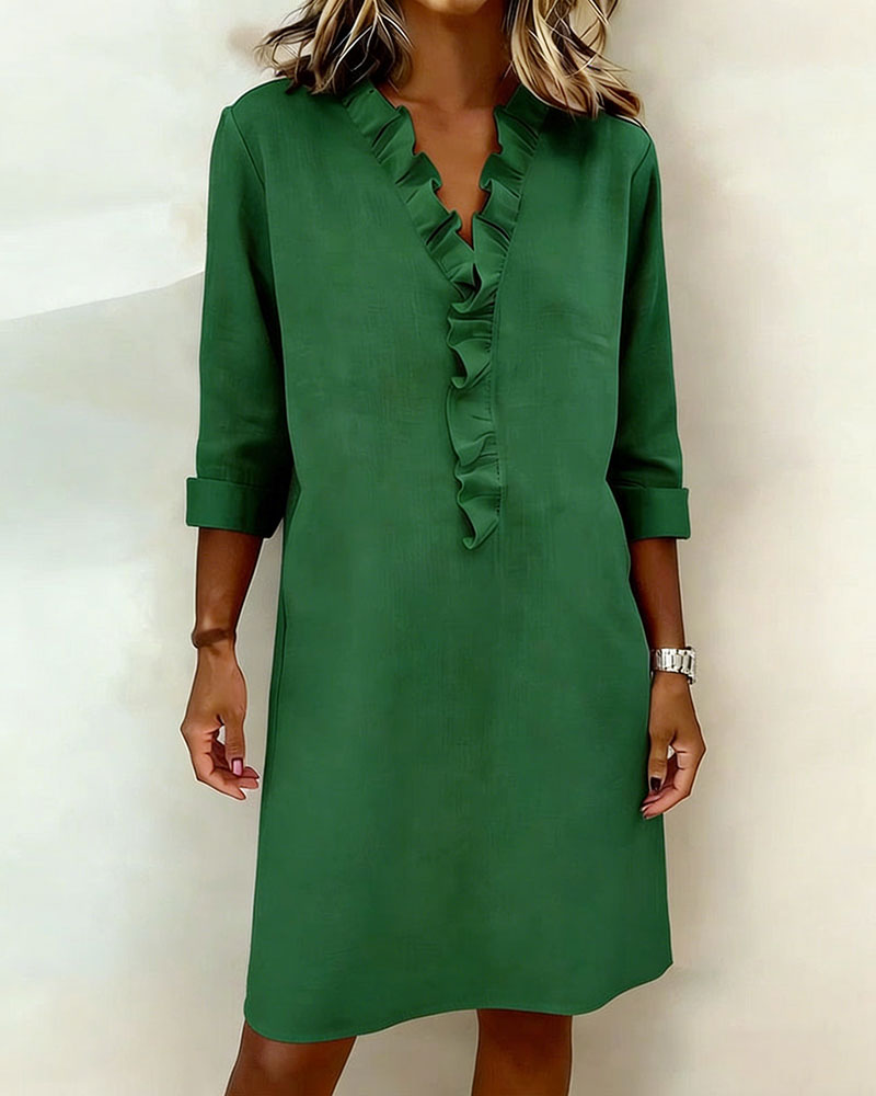 Ida | Women's V-Neck Ruffle Dress with Long Sleeve – Casual Daytime Wear