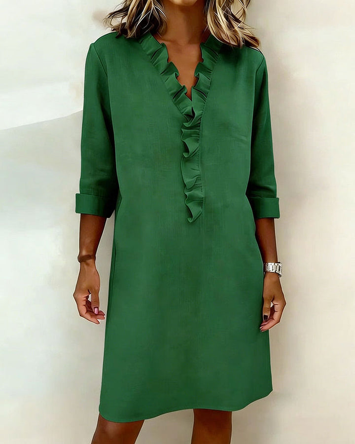 Ida | Women's V-Neck Ruffle Dress with Long Sleeve – Casual Daytime Wear