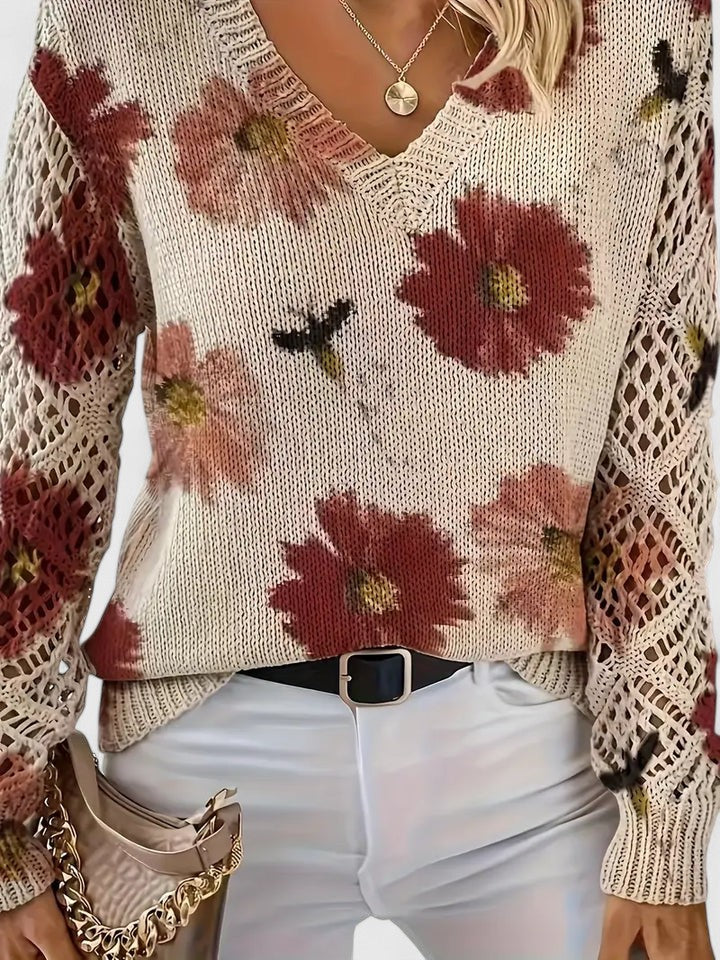 Marlena | Floral V-Neck Knit Sweater with Ribbed Hem