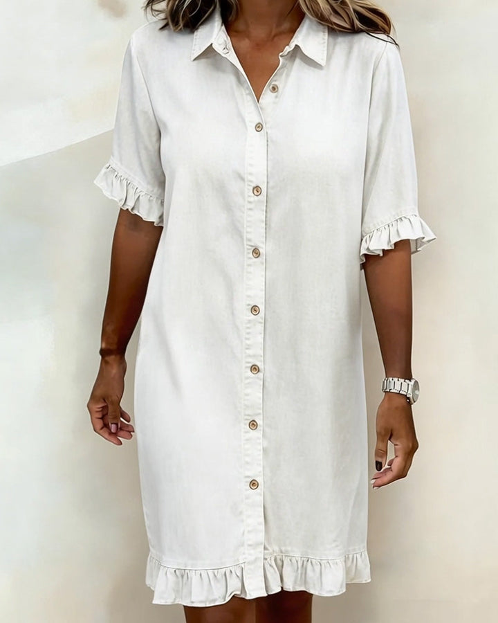 Maeve | Women's Denim Dress with Ruffle Sleeves & Button Front