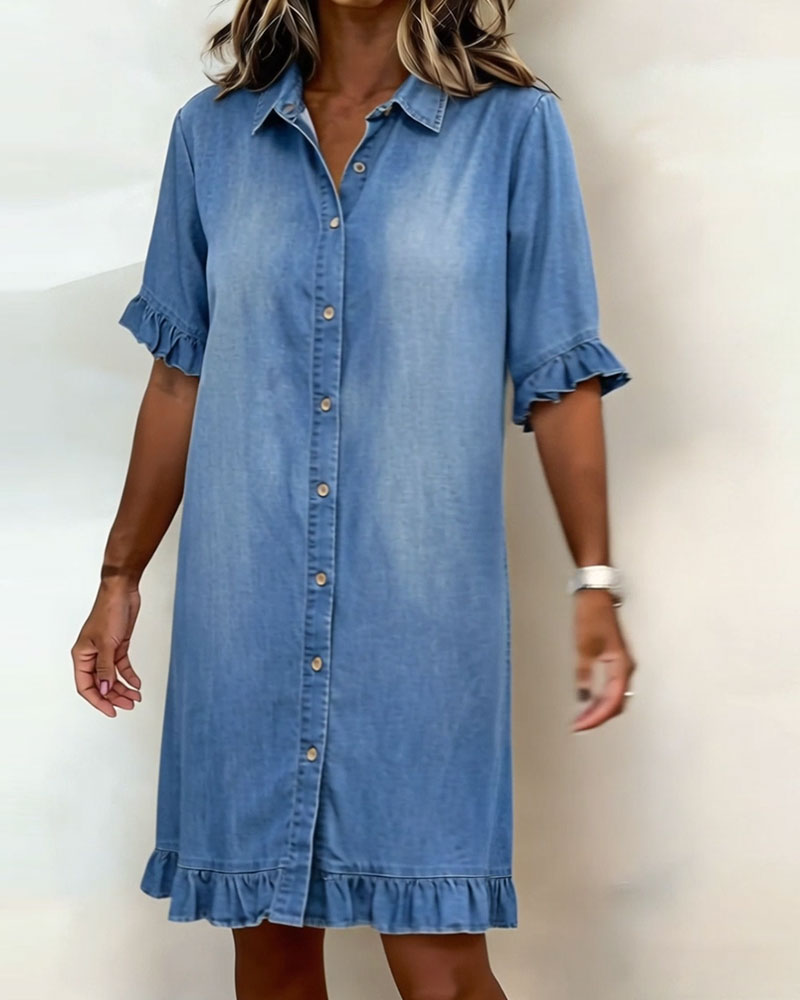 Maeve | Women's Denim Dress with Ruffle Sleeves & Button Front