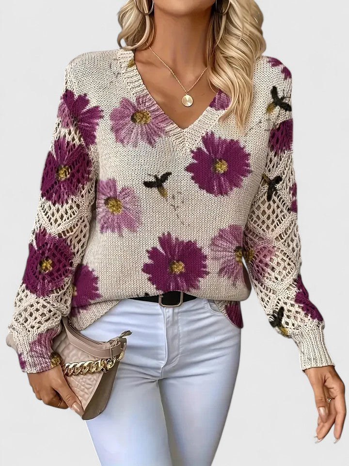 Marlena | Floral V-Neck Knit Sweater with Ribbed Hem