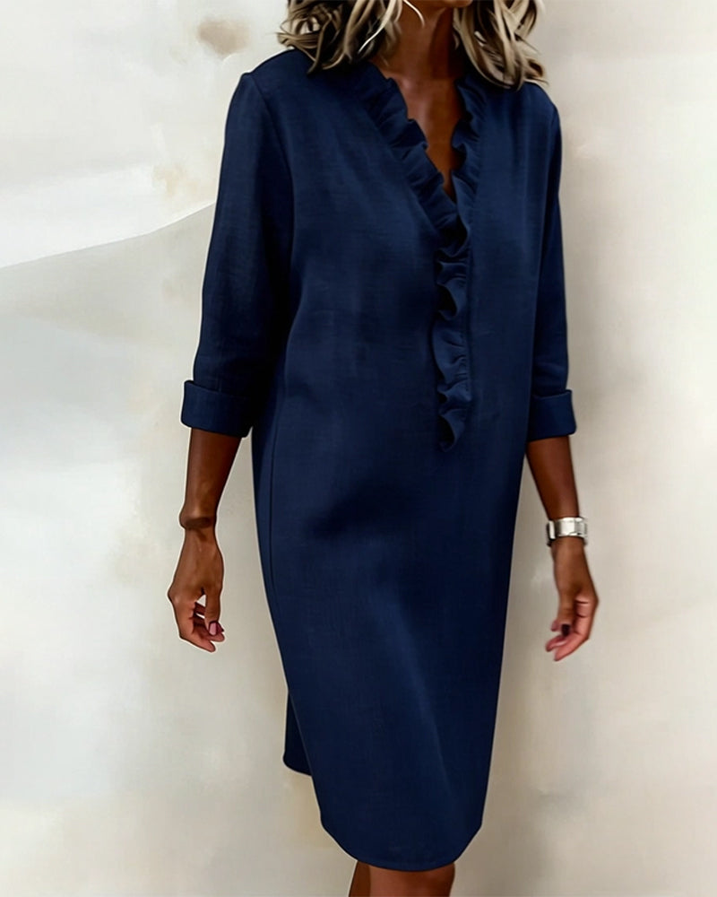 Ida | Women's V-Neck Ruffle Dress with Long Sleeve – Casual Daytime Wear