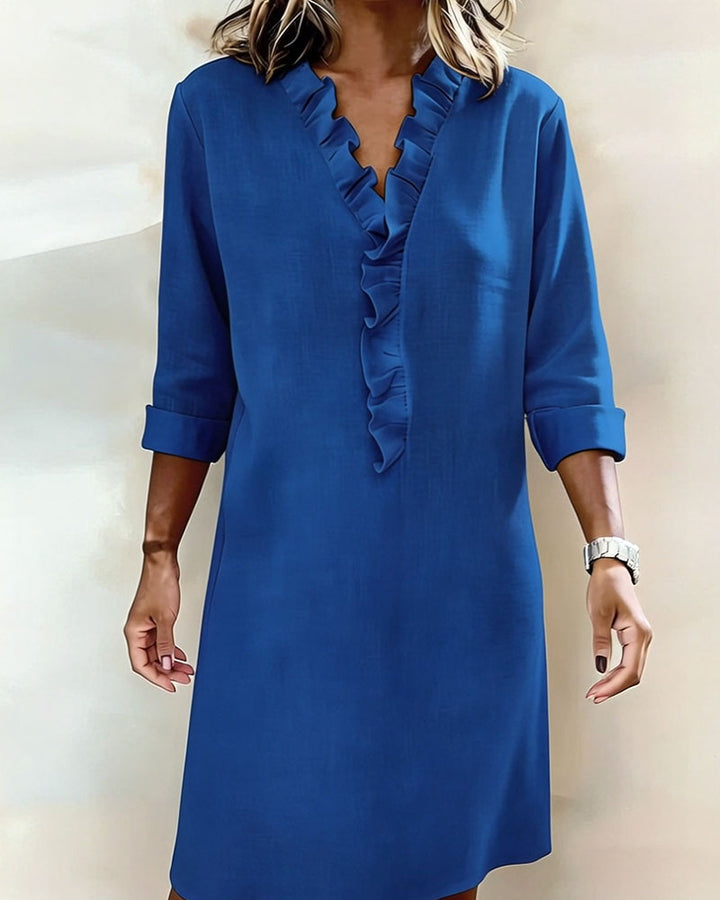 Ida | Women's V-Neck Ruffle Dress with Long Sleeve – Casual Daytime Wear
