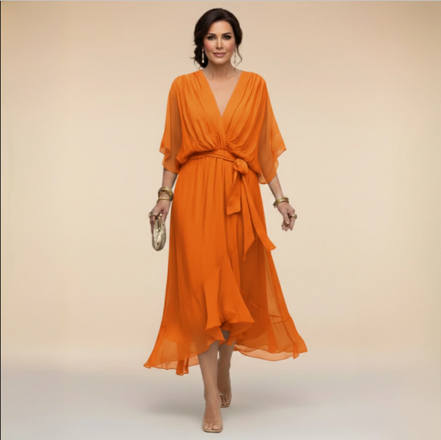 Delphine | Flowy V-Neck Midi Dress with Relaxed Fit for Women
