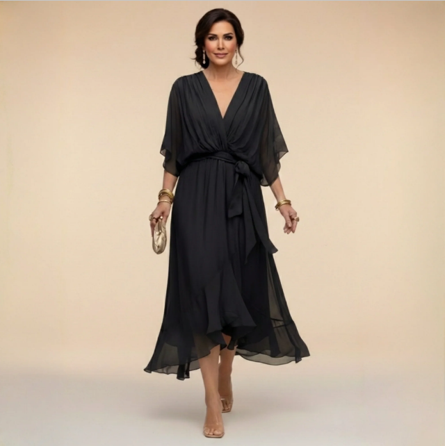 Delphine | Flowy V-Neck Midi Dress with Relaxed Fit for Women