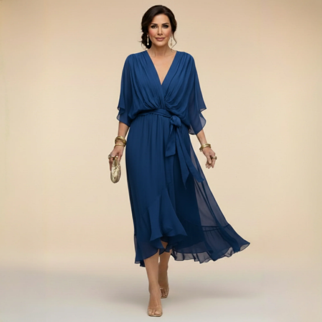 Delphine | Flowy V-Neck Midi Dress with Relaxed Fit for Women