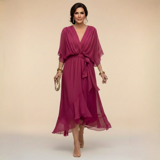 Delphine | Flowy V-Neck Midi Dress with Relaxed Fit for Women