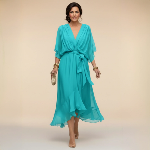 Delphine | Flowy V-Neck Midi Dress with Relaxed Fit for Women