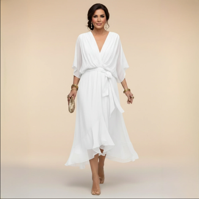 Delphine | Flowy V-Neck Midi Dress with Relaxed Fit for Women