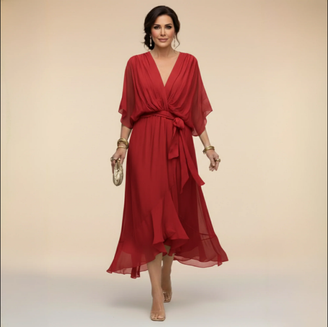 Delphine | Flowy V-Neck Midi Dress with Relaxed Fit for Women