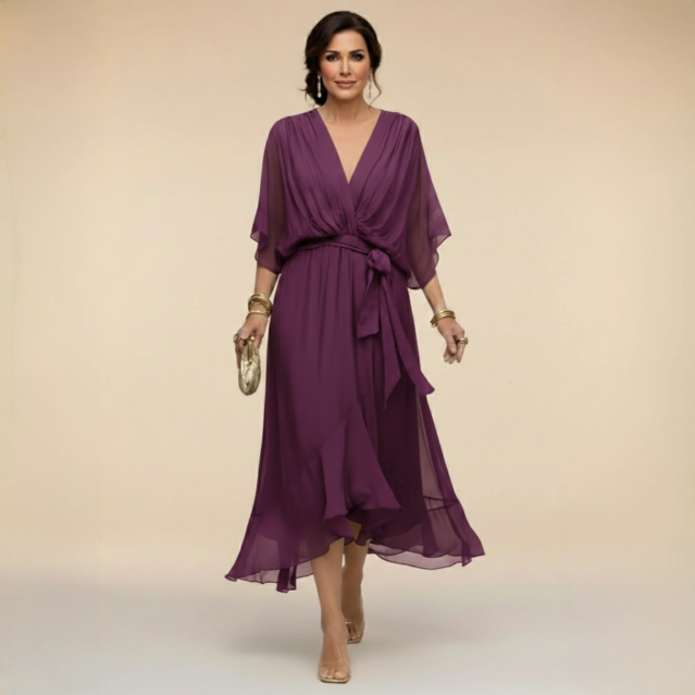Delphine | Flowy V-Neck Midi Dress with Relaxed Fit for Women