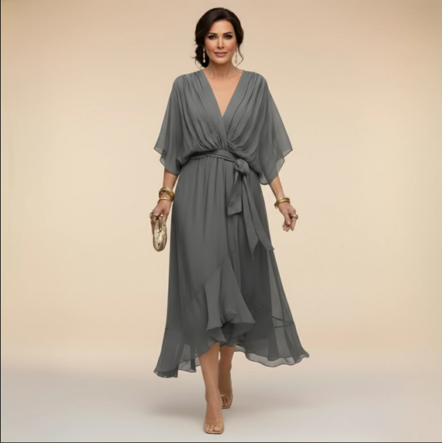 Delphine | Flowy V-Neck Midi Dress with Relaxed Fit for Women