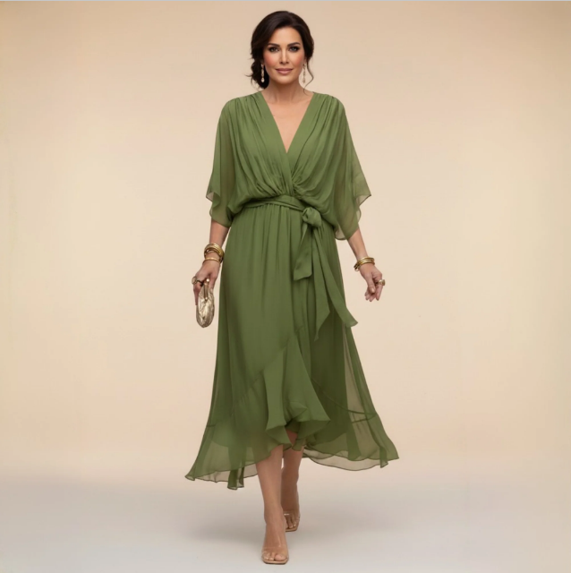 Delphine | Flowy V-Neck Midi Dress with Relaxed Fit for Women
