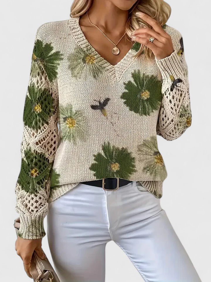 Marlena | Floral V-Neck Knit Sweater with Ribbed Hem