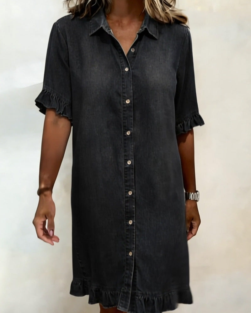 Maeve | Women's Denim Dress with Ruffle Sleeves & Button Front