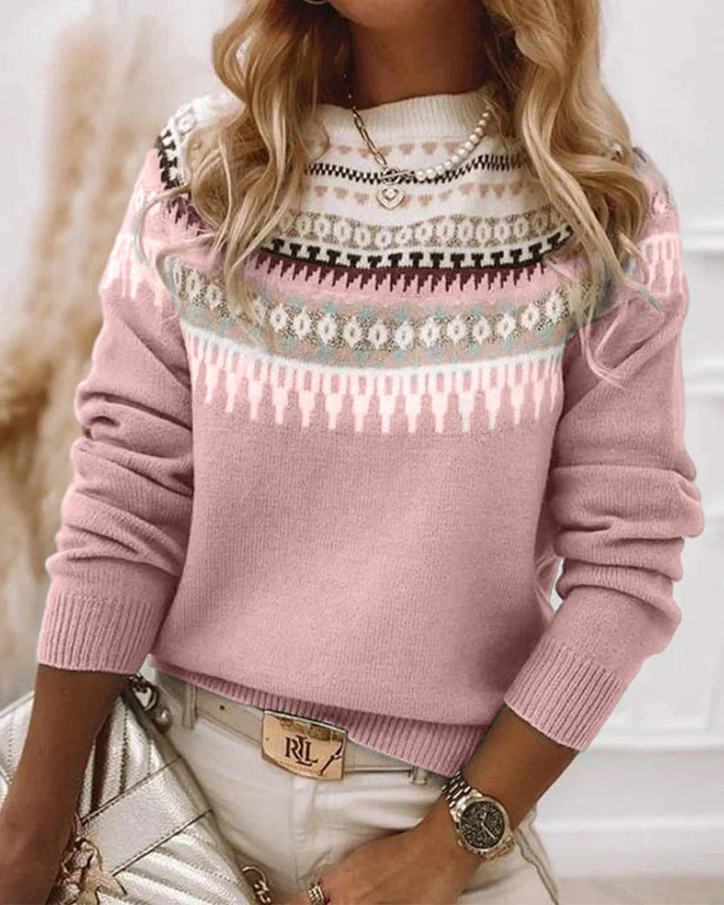 Rosalind | Women's Ribbed Crew Neck Sweater with Print Detail