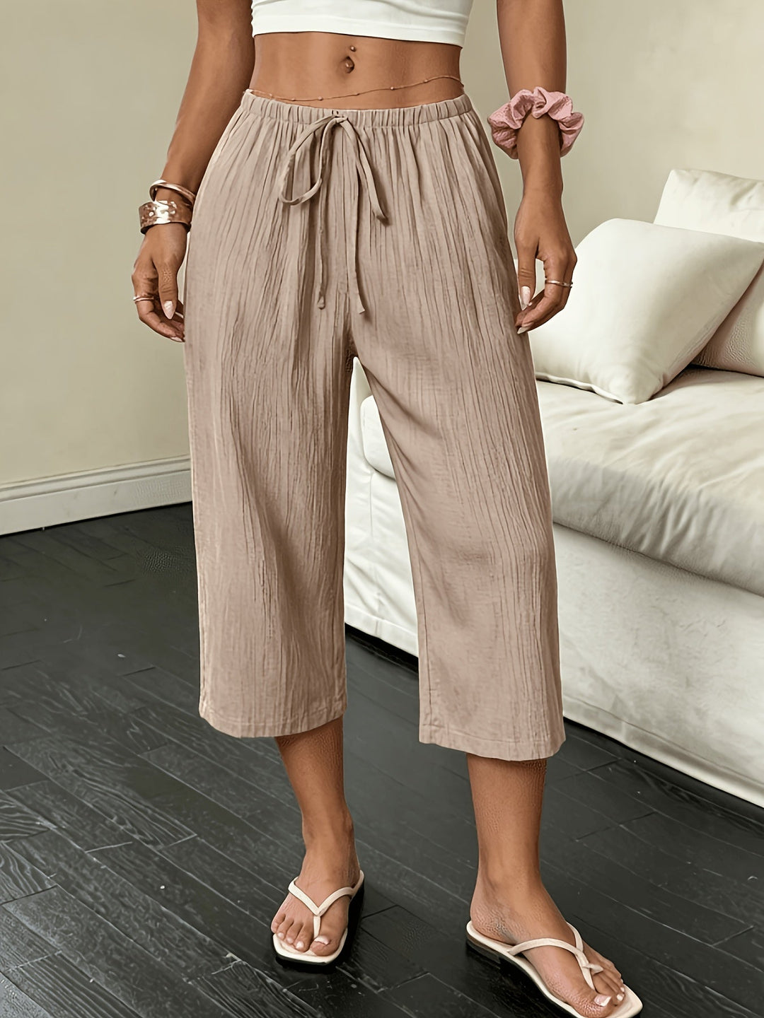 Imara | Women's Cropped Trousers Relaxed-Fit Elastic Waist