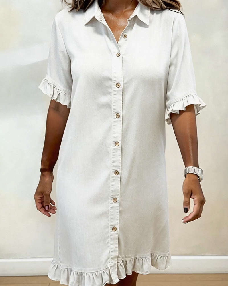 Maeve | Women's Denim Dress with Ruffle Sleeves & Button Front