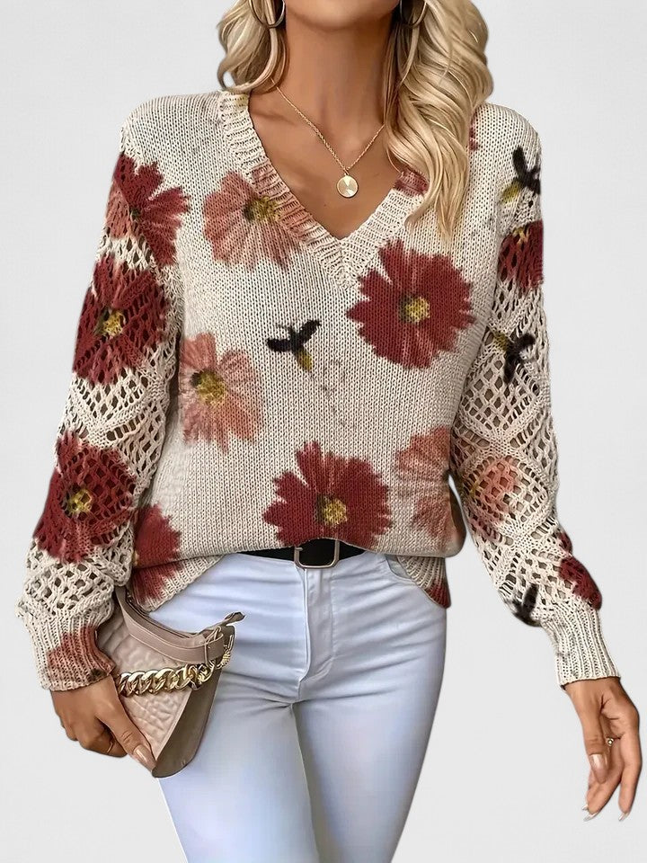 Marlena | Floral V-Neck Knit Sweater with Ribbed Hem