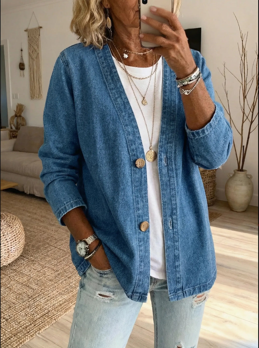 Tilda | Button-Front Denim Cardigan with Collar for Women
