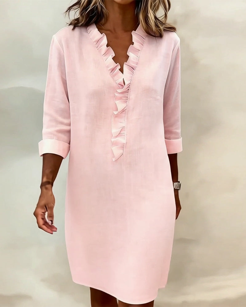Ida | Women's V-Neck Ruffle Dress with Long Sleeve – Casual Daytime Wear