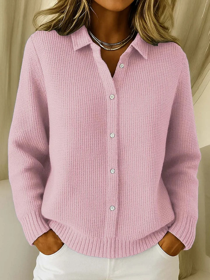Veerle Ribbed Button-Front Cardigan with Shirt Collar for Women