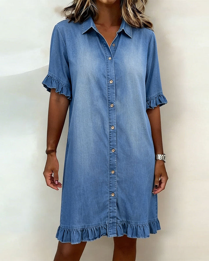 Maeve | Women's Denim Dress with Ruffle Sleeves & Button Front