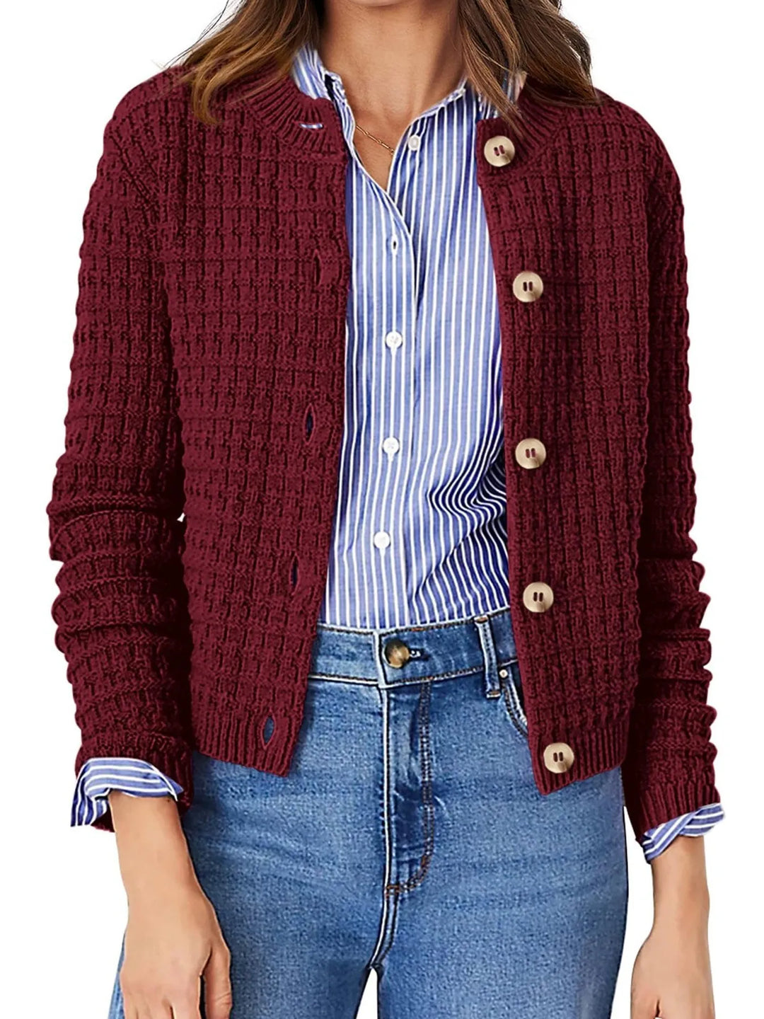 Nadalia | Button-Front Ribbed Cardigan with Notched Collar for Women