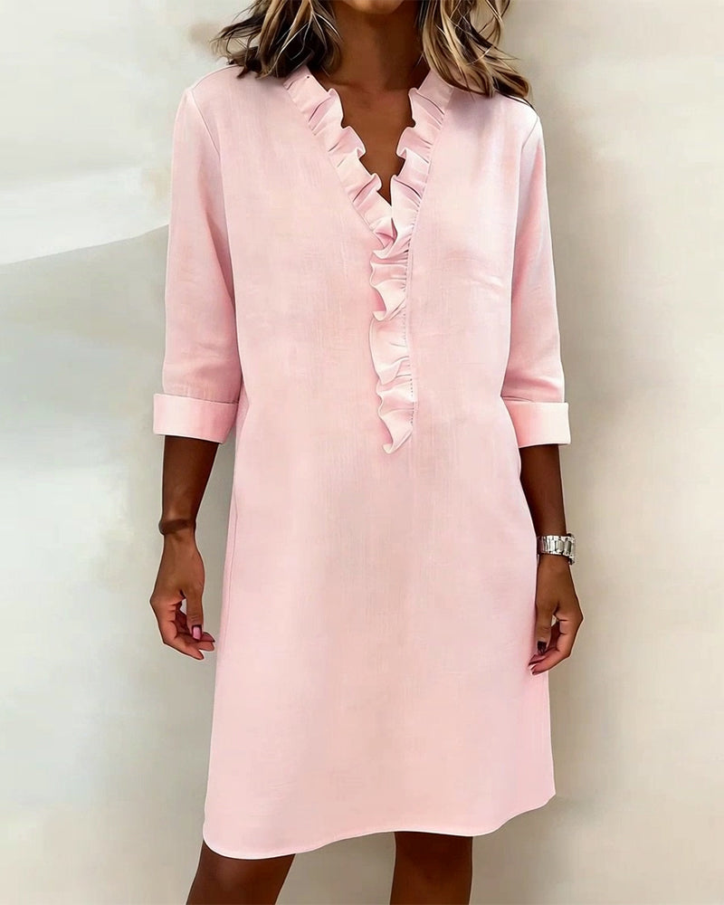 Ida | Women's V-Neck Ruffle Dress with Long Sleeve – Casual Daytime Wear