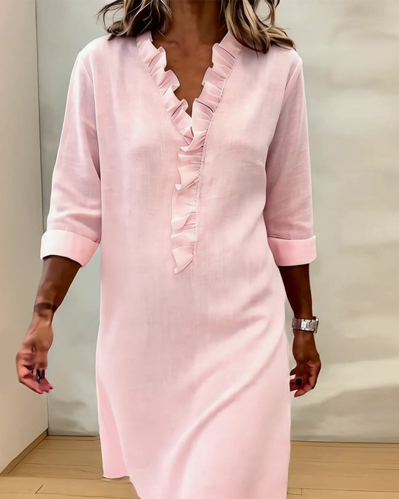 Ida | Women's V-Neck Ruffle Dress with Long Sleeve – Casual Daytime Wear