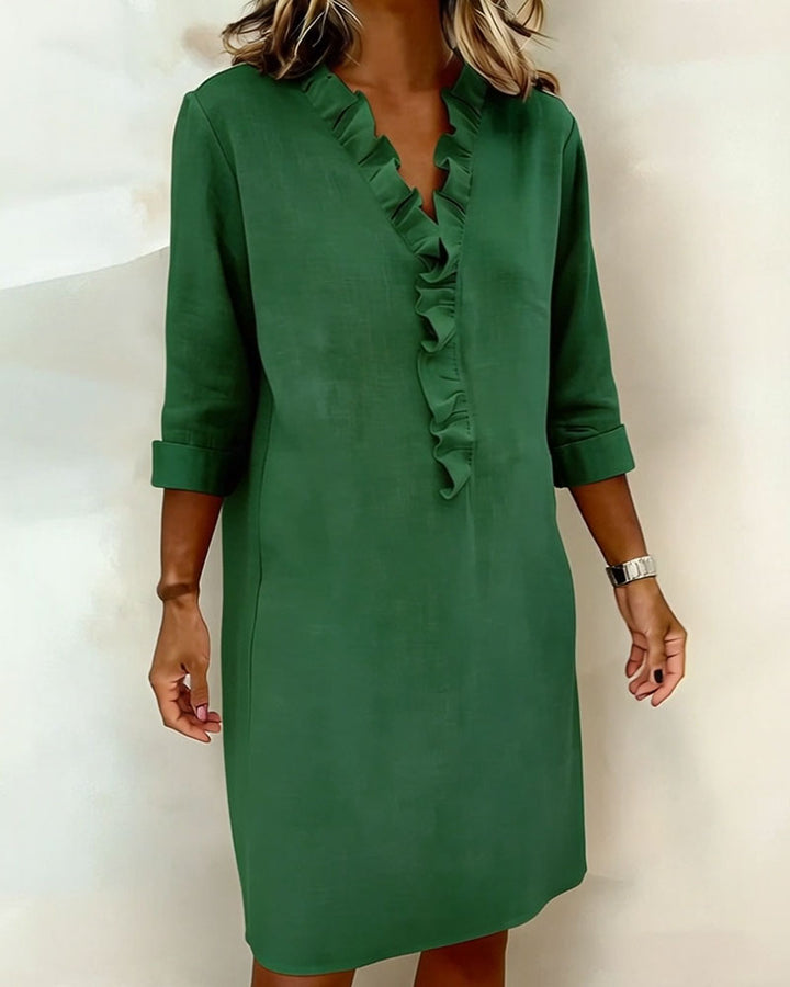 Ida | Women's V-Neck Ruffle Dress with Long Sleeve – Casual Daytime Wear