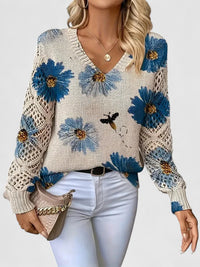 Marlena | Floral V-Neck Knit Sweater with Ribbed Hem