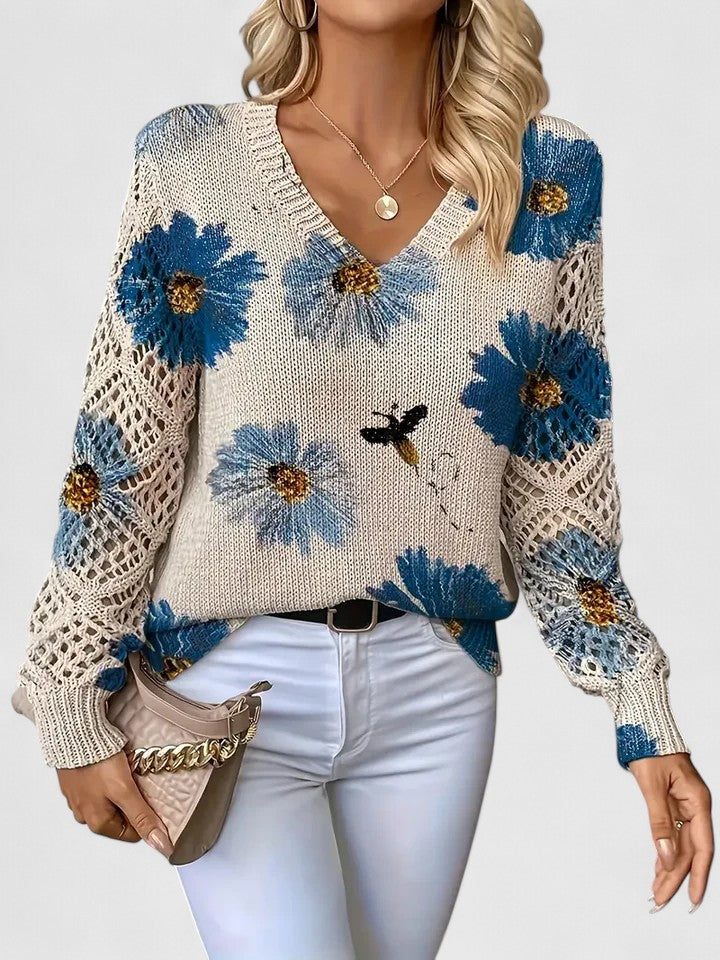 Marlena | Floral V-Neck Knit Sweater with Ribbed Hem