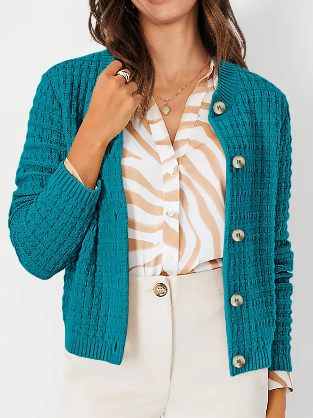 Nadalia | Button-Front Ribbed Cardigan with Notched Collar for Women
