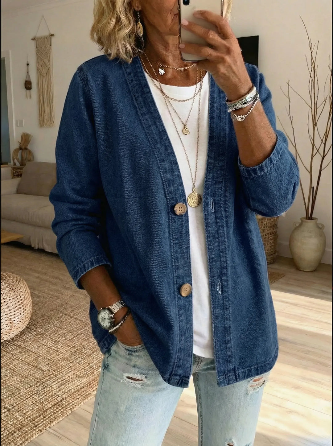 Tilda | Button-Front Denim Cardigan with Collar for Women