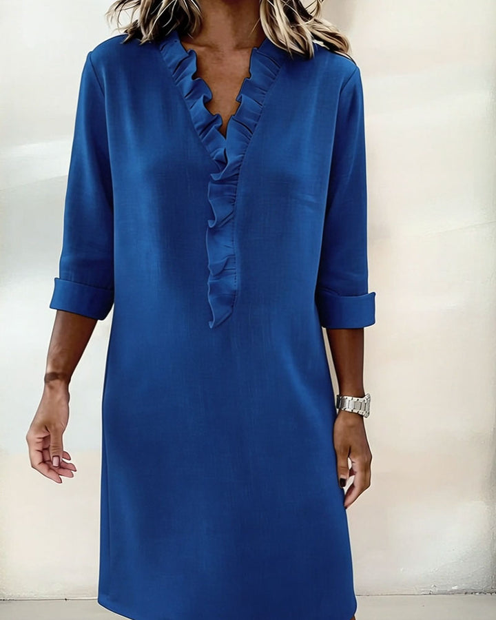 Ida | Women's V-Neck Ruffle Dress with Long Sleeve – Casual Daytime Wear