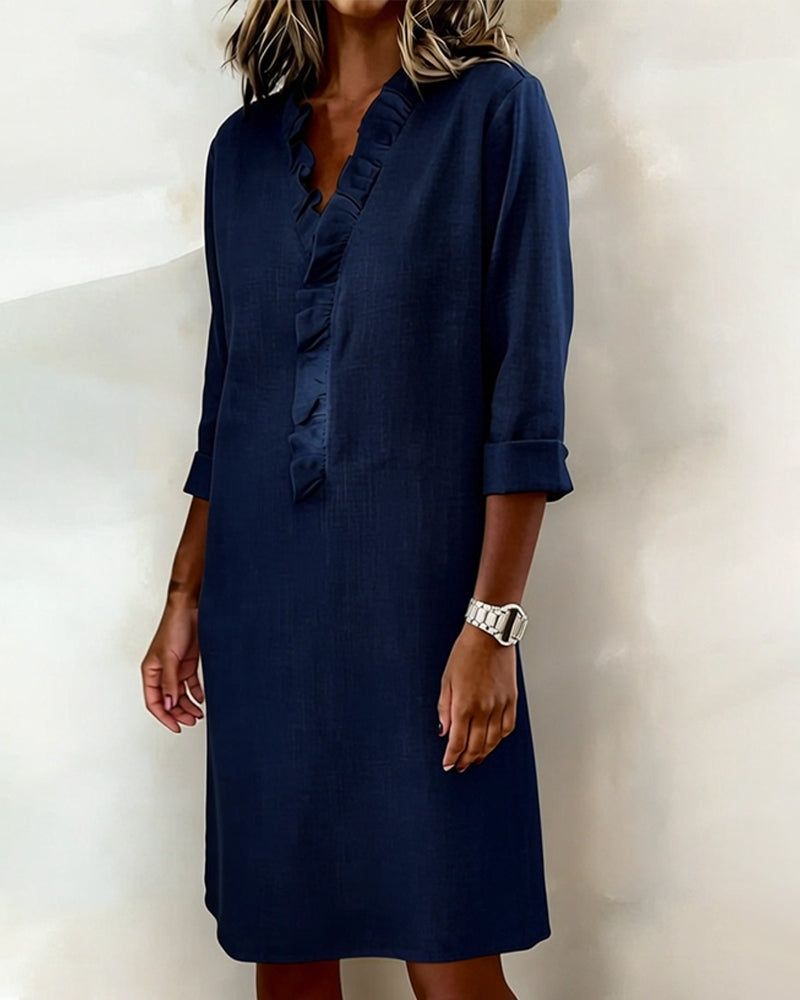 Ida | Women's V-Neck Ruffle Dress with Long Sleeve – Casual Daytime Wear
