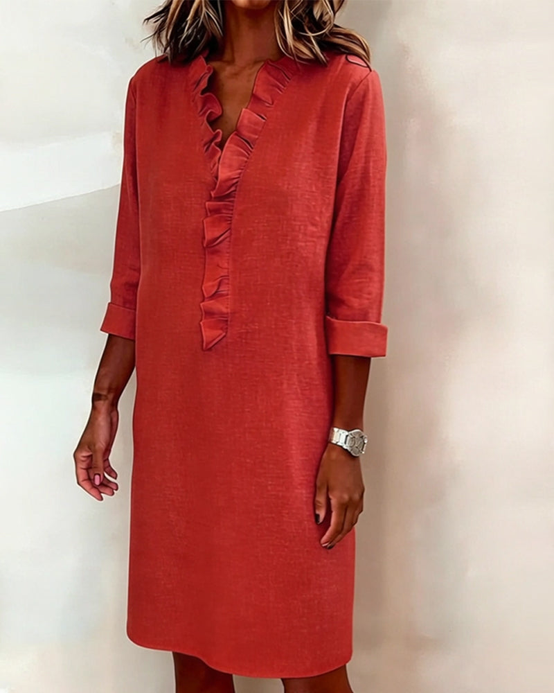 Ida | Women's V-Neck Ruffle Dress with Long Sleeve – Casual Daytime Wear