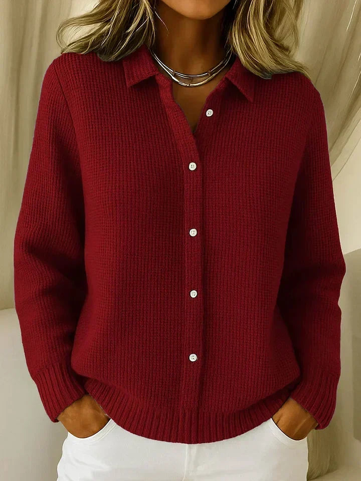 Veerle Ribbed Button-Front Cardigan with Shirt Collar for Women