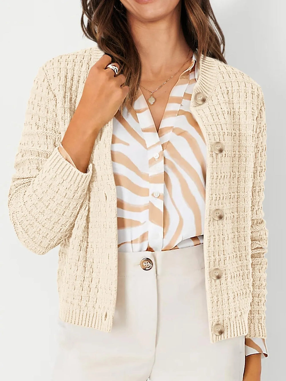 Nadalia | Button-Front Ribbed Cardigan with Notched Collar for Women