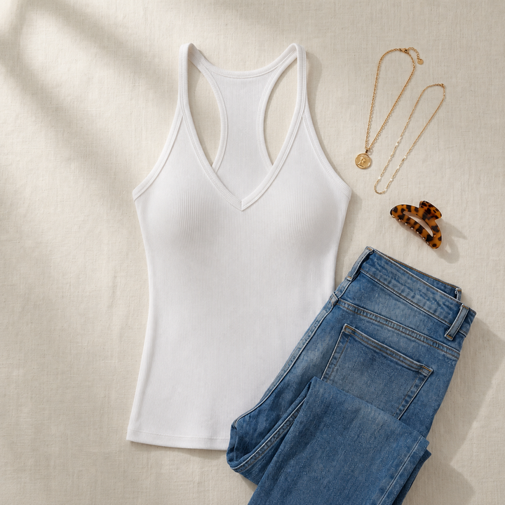 Kaia | Women's Ribbed V-Neck Tank with Built-In Bra Support