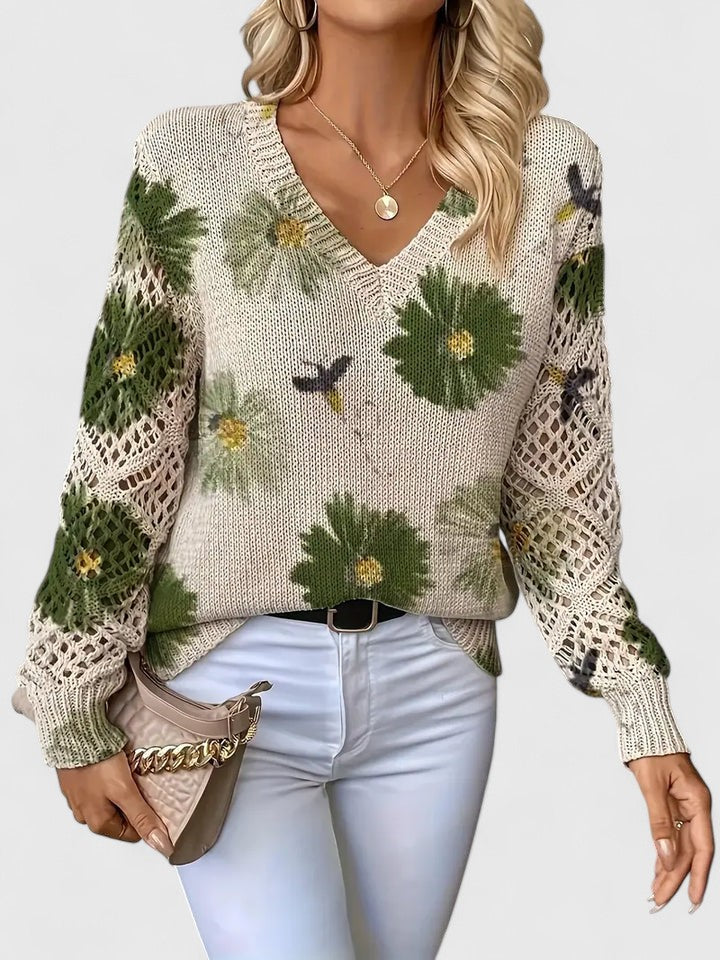 Marlena | Floral V-Neck Knit Sweater with Ribbed Hem