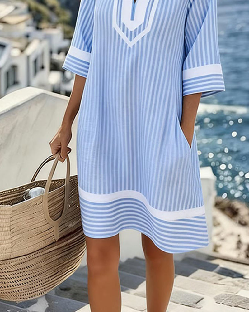 Yvette | Striped V-Neck Shift Dress with Short Sleeves and Pockets for Women