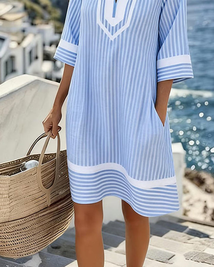 Yvette | Striped V-Neck Shift Dress with Short Sleeves and Pockets for Women