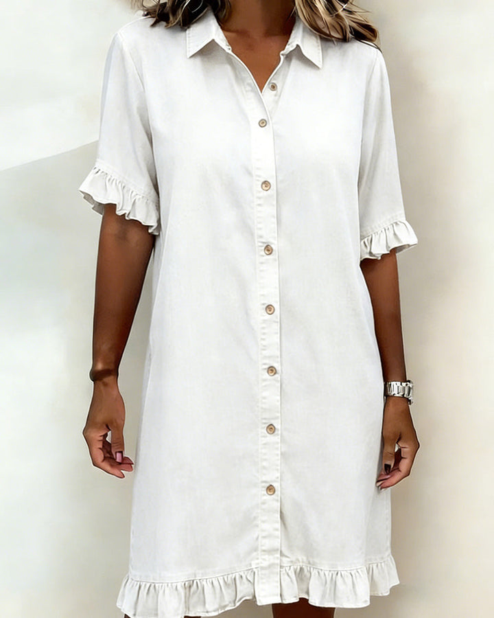 Maeve | Women's Denim Dress with Ruffle Sleeves & Button Front